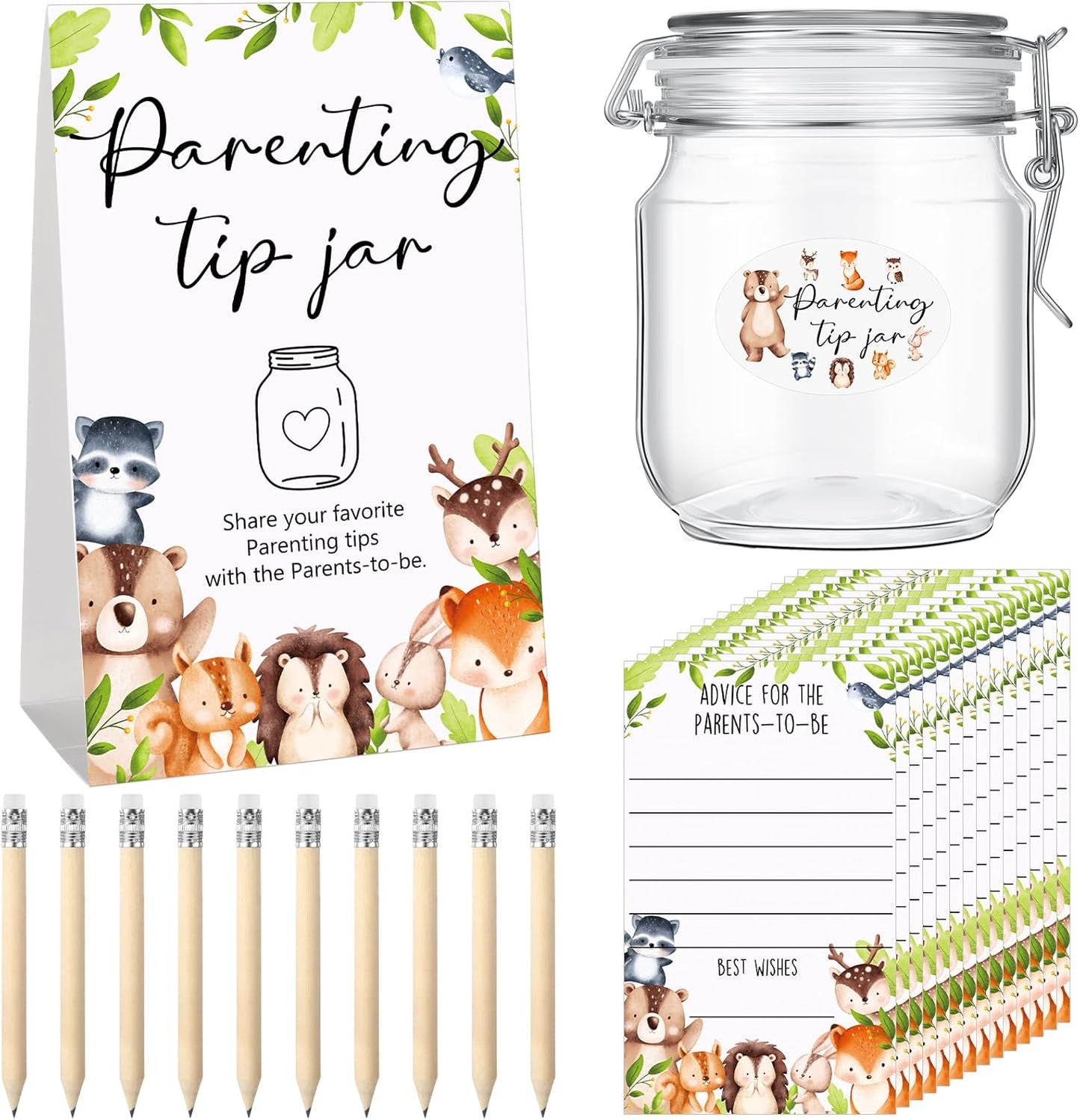 Roowest Baby Shower to Baby Advice Cards for New Parents to Be - Tip Jar Sign for New Parents 60 Parenting Advice Cards 10 HB Pencils 2 Cute Stickers 1 Pet Bottle for Guests Games(Woodland)