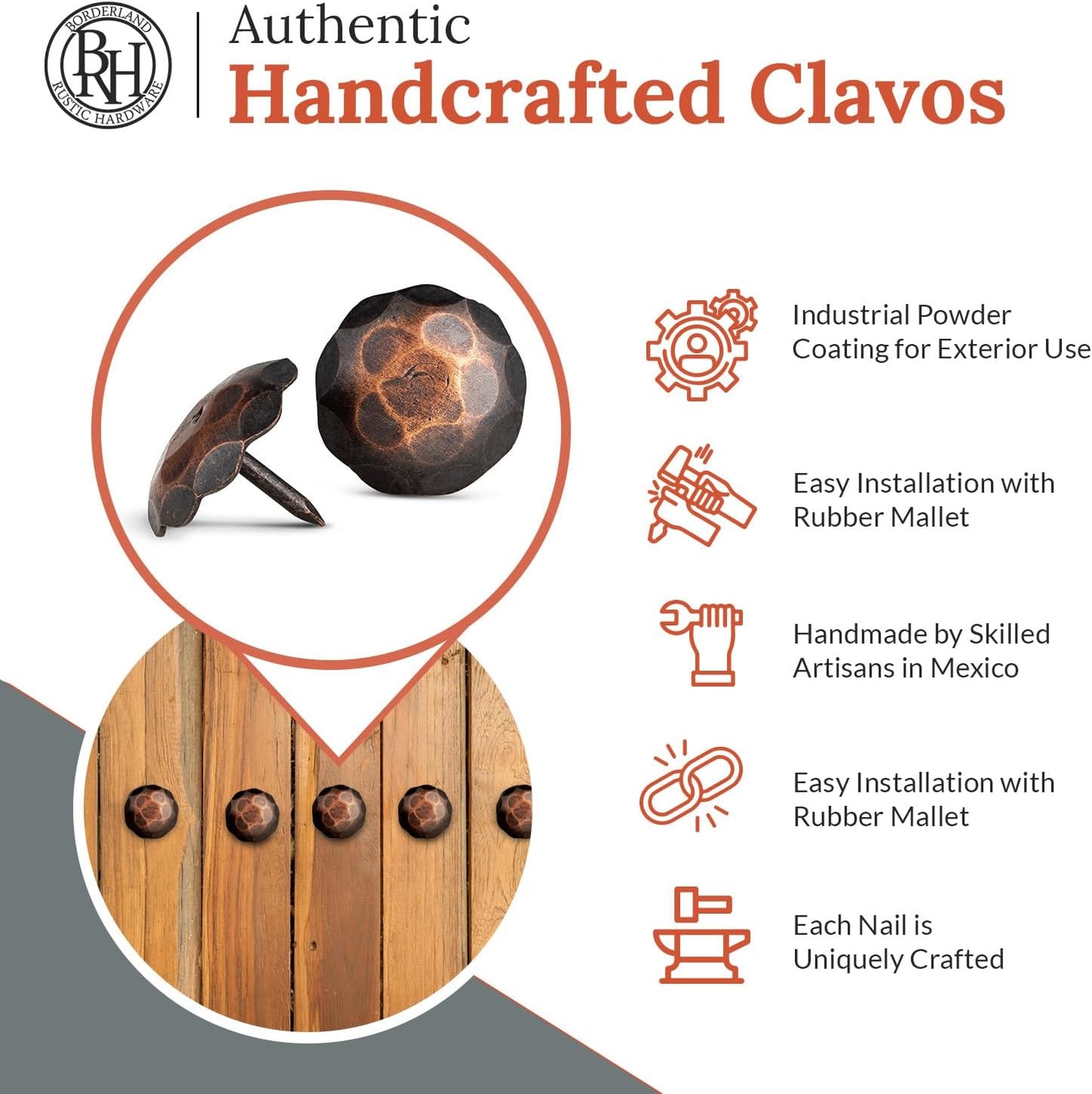 50 Pack 1.25" Round Head Iron Clavos Decorative Nails – Oil Rubbed Bronze – Handmade Rustic Round Fasteners for Farmhouse Shutters, Faux Wood, Barn Doors, Shutters, Gates – Ornamental Wood Accent