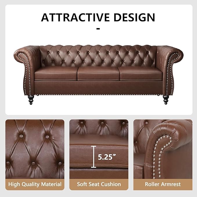Mid-Century 3 Seater Sofa, Faux Leather Couch - Image 4