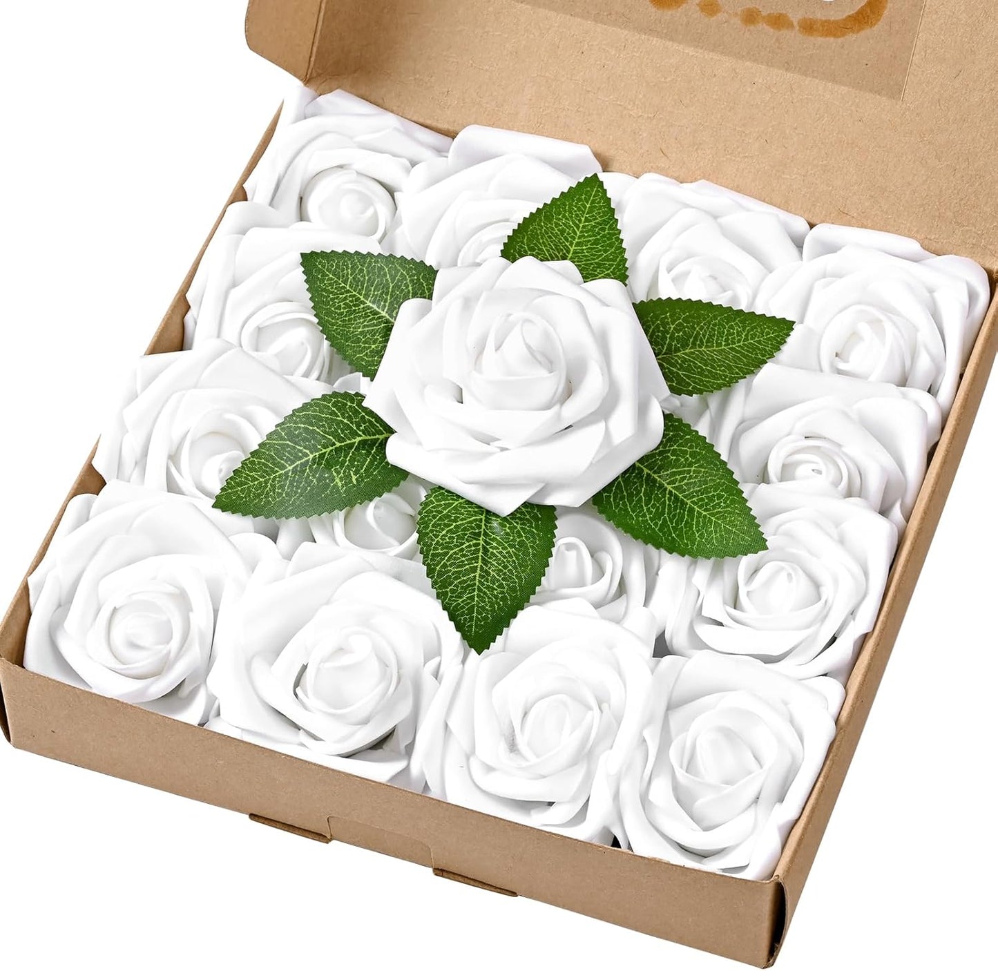 BLEUM CADE 16Pcs Artificial Flowers Fake Roses with Stems, White Boxed Foam Roses for DIY Bouquets Centerpieces Wedding Party Arrangement Bridal Shower Decor
