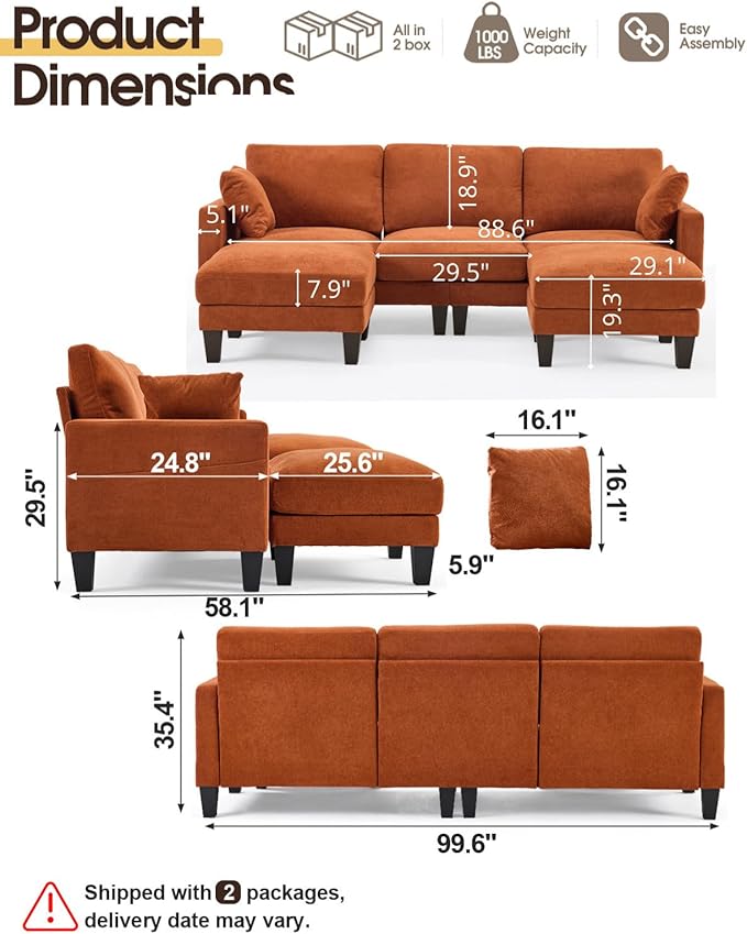 Karl home 99.6" Sectional Sofa, U-Shaped Chenille Upholstered Couch - Image 2