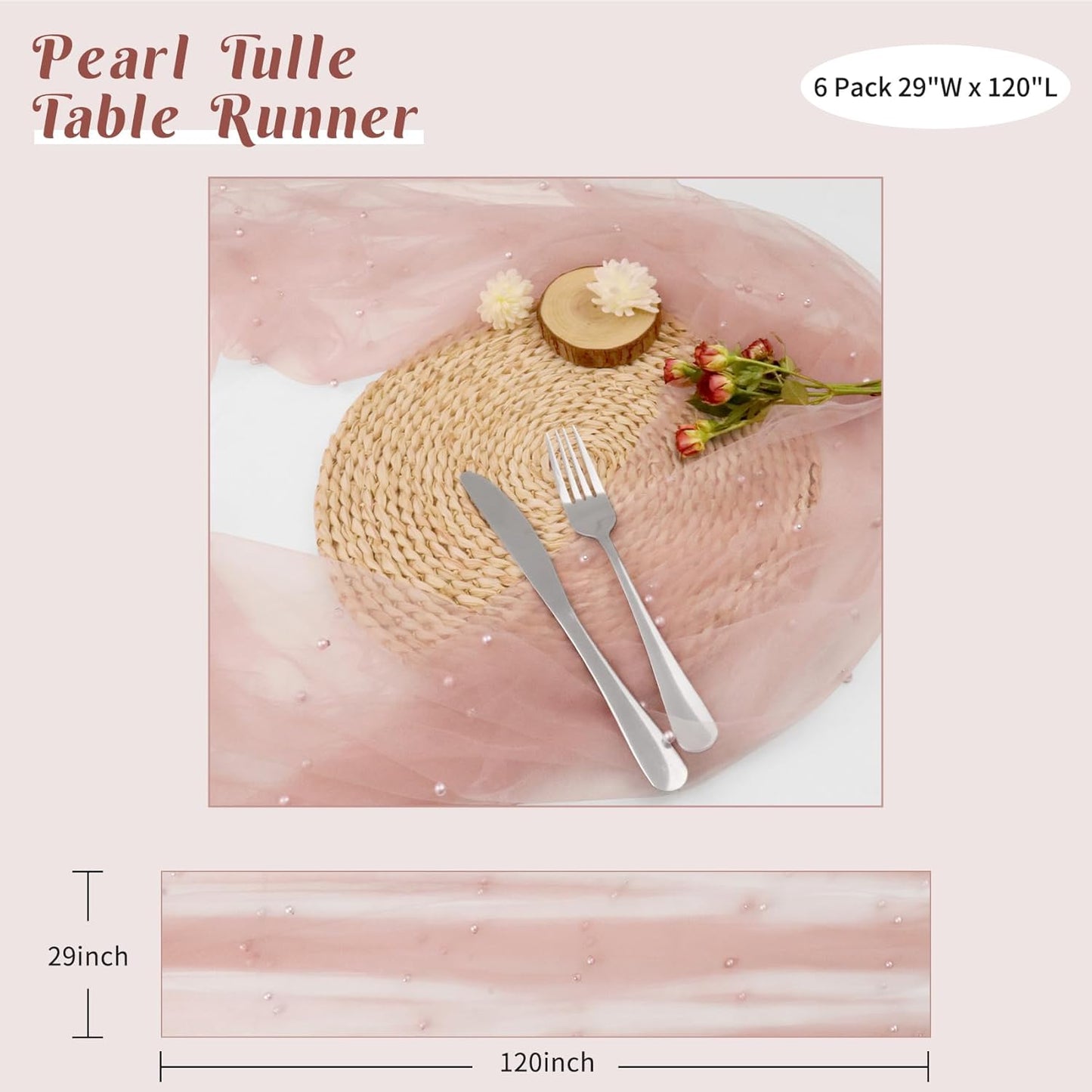 Set of 6 Pearl Table Runner 29 x 120 Inch Dusty Pink Tulle Fabric Lace Table Runners Boho Rustic Table Runners for Bridal Shower Birthday Party Wedding Arch Aisle Veil Dessert Table Decor(Dusty Pink)