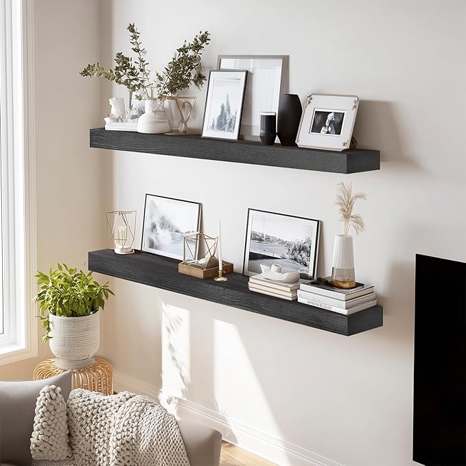 36x8x1.6 inch Floating Shelves Set of 2 – Solid Wood Rustic Black Wall Mounted - Image 6