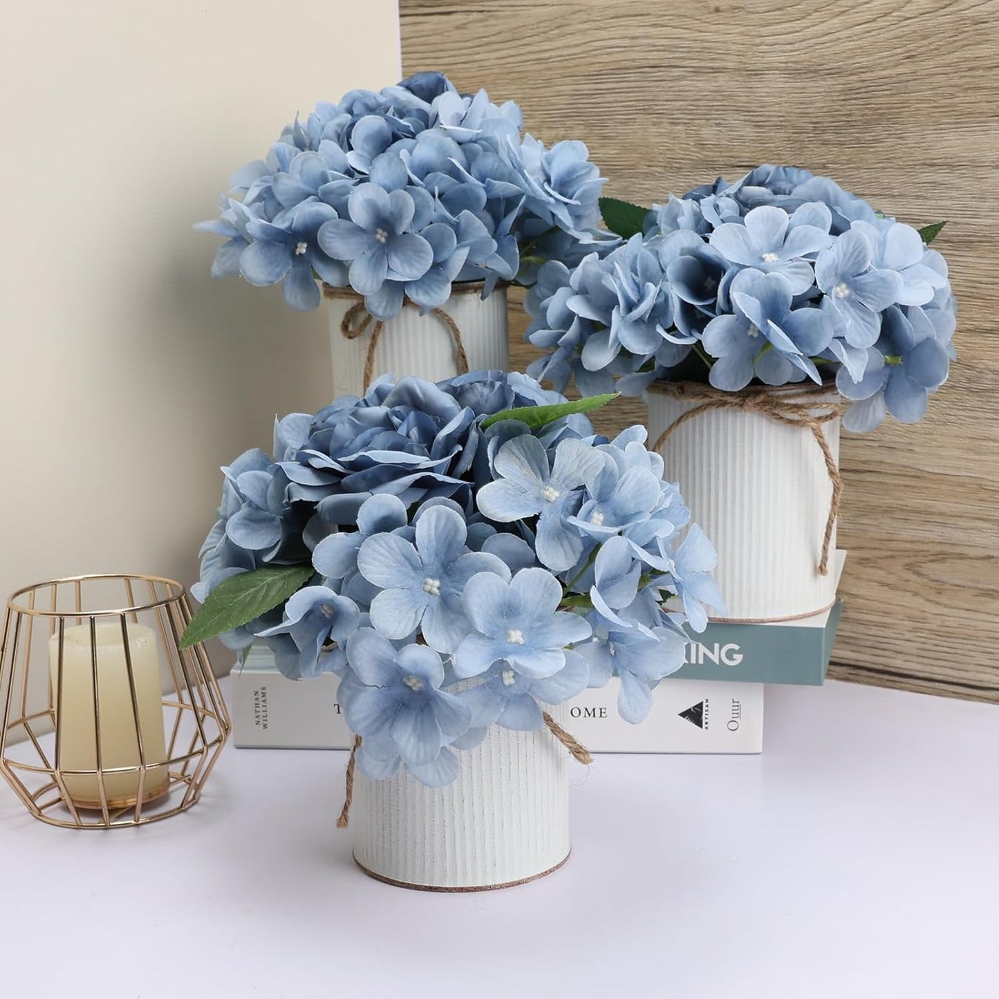 Flower Table Centerpieces - Set of 6 Floral Arrangement Artificial Wedding Hydrangeas Floral Arrangement with Rustic Metal Vase for Bridal Tea Party Event Decorations - Dusty Blue