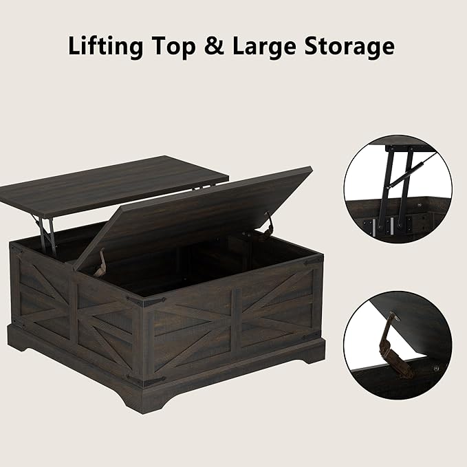 Furnideco 35.5''W Square Coffee Table Farmhouse Lift top Coffee Table - Image 7