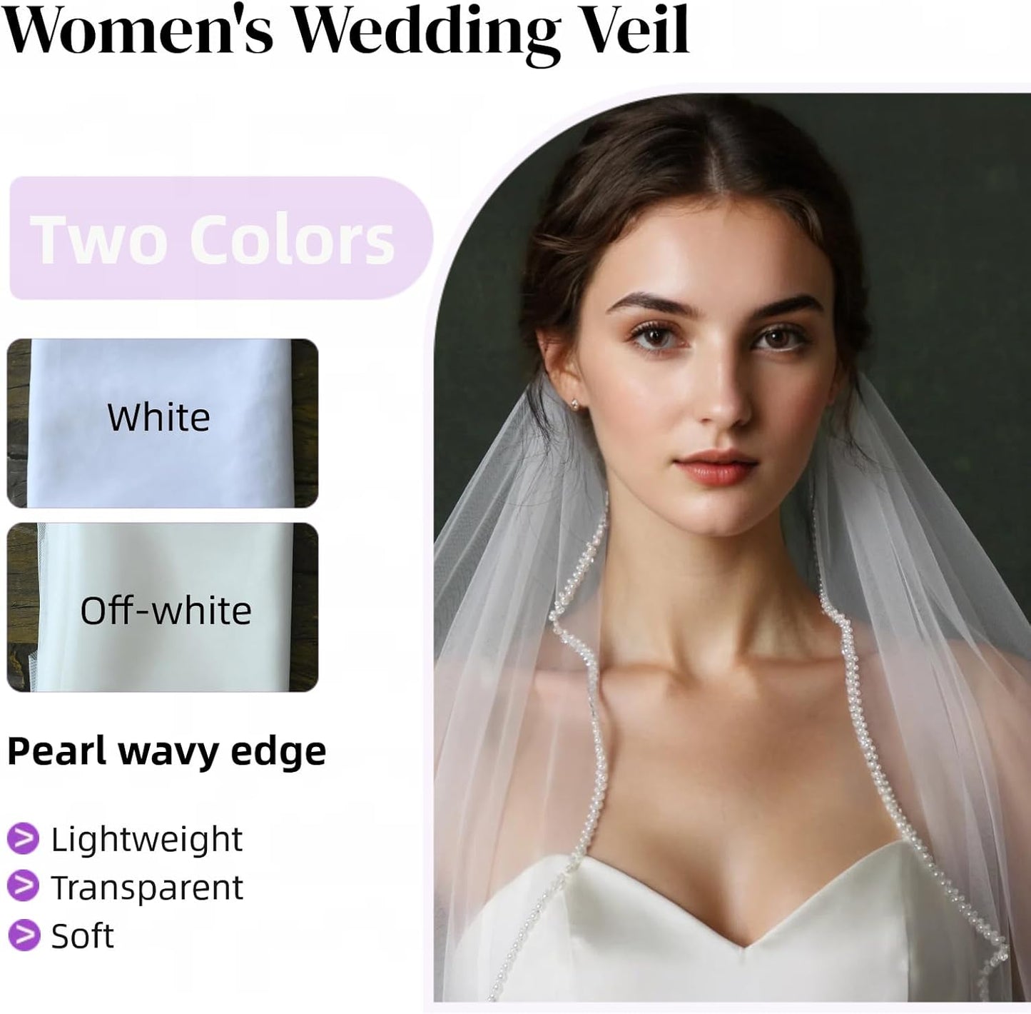 Bridal Veils Pearls and Crystals Beaded Edge Fingertip Length Wedding Veil for Women