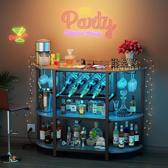 Zarler Bar Cart with Power Outlet Easy to Assemble, LED Home Bar Cabinet - Image 2