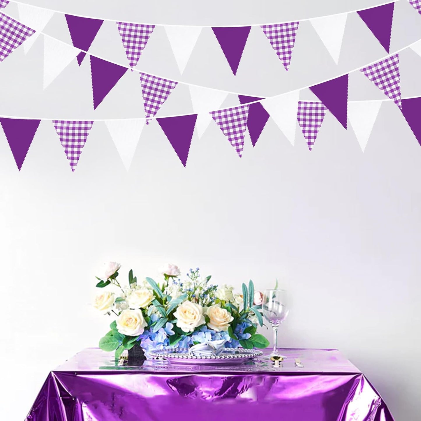32Ft Purple Party Decorations Purple Buffalo Plaid Checkered White Triangle Flag Gingham Pennant Banner Fabric Garland for Wedding Birthday Picnic BBQ Outdoor Lavender Mermaid Party Decor Supplies