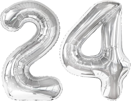 40 Inch Silver Large Number 24 Birthday Balloon, Giant Number 24 Balloons, Foil Mylar Big Balloons for Anniversary Graduation Supplies Decorations