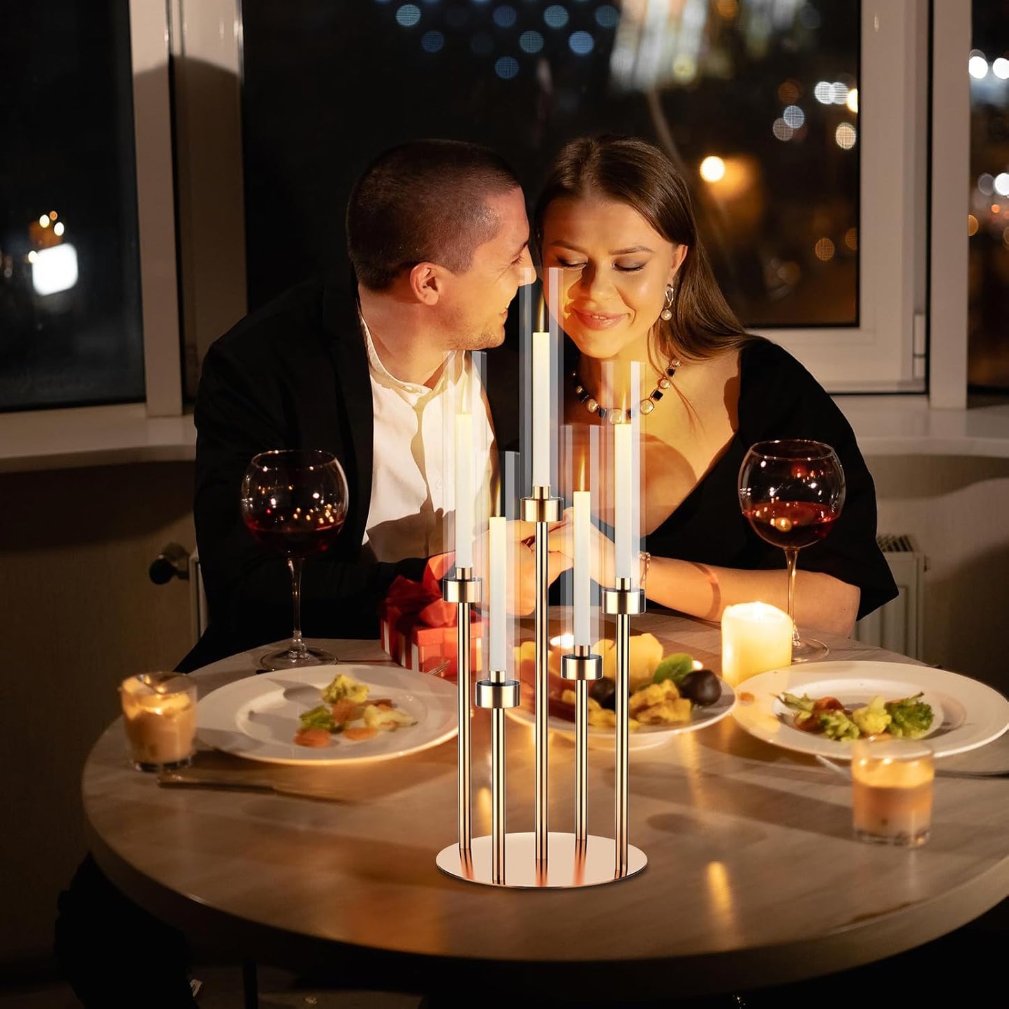 5 Arm Gold Candelabra Centerpieces for Table 4 Set Floor Candelabras Metal Candlestick for LED Candle 26'' Tall Candle Holders with Acrylic Lampshade for Wedding Party Fireplace