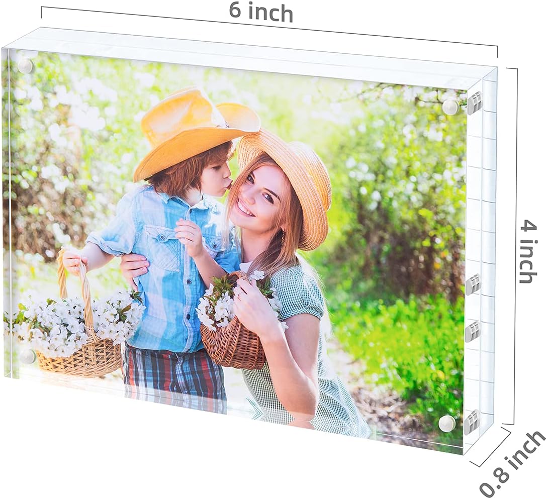 Acrylic Picture Frame, Clear Freestanding Double Sided 20mm Thickness Frameless Magnetic Photo Frames Desktop Display with Gift Box Package (4x6 6 pack)