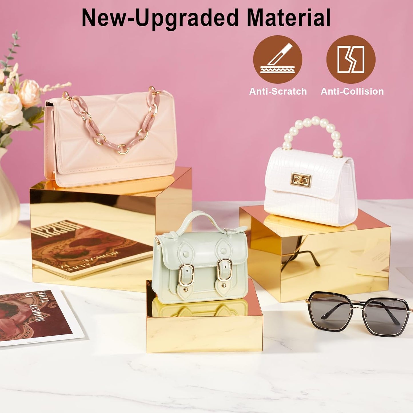 3 Pcs Acrylic Risers for Display, Acrylic Cube Boxes Gold Risers Food Display Risers Stand Shelf for Catering Dessert Collectibles Jewelry Figures Party (Gold 3pc)