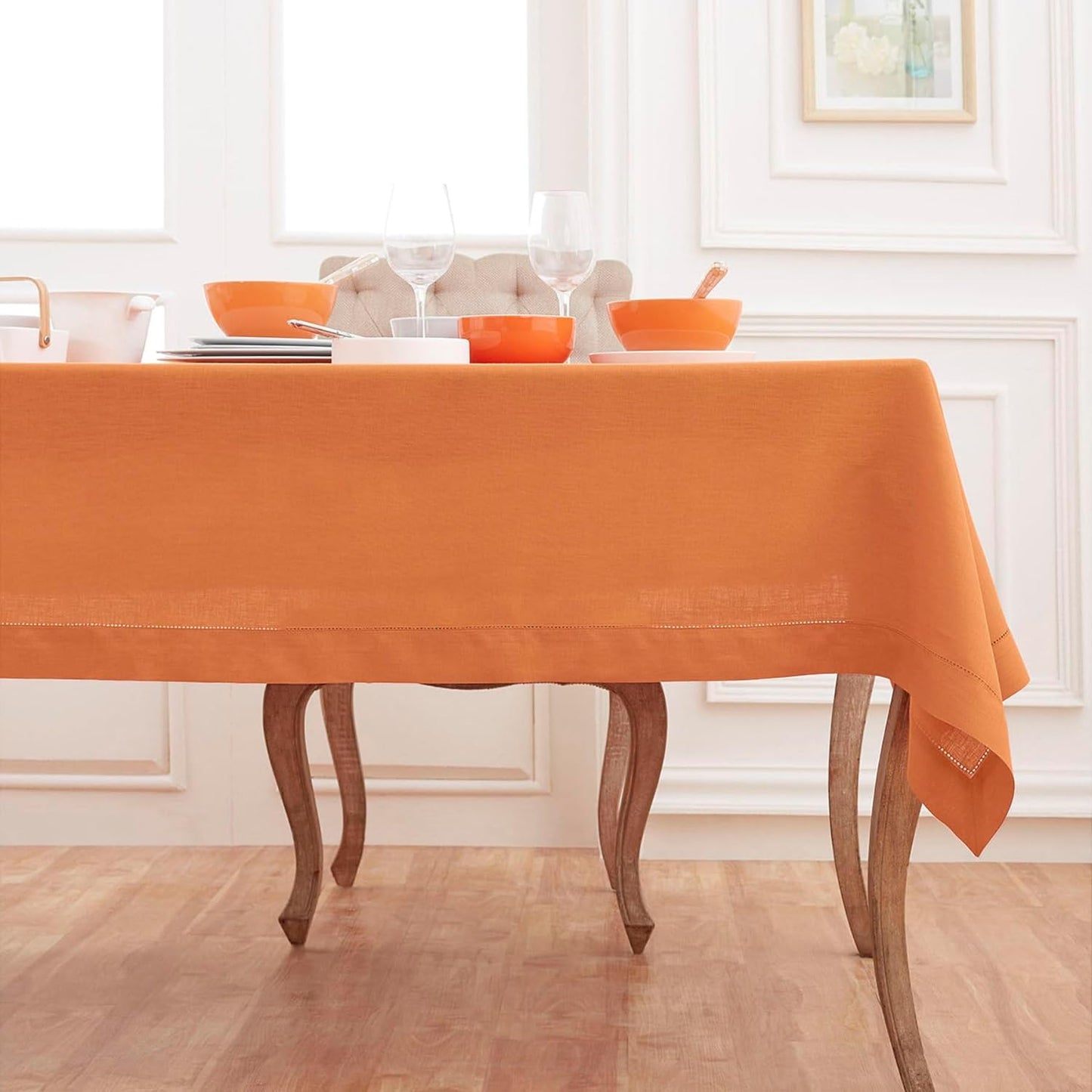 Solino Home Linen Tablecloth 60 x 90 Inch - Classic Hemstitch 100% Pure Linen Pumpkin Table Cloth for Rectangle Tables - Machine Washable Tablecloth for Fall, Autumn, Halloween, Thanksgiving, Holiday