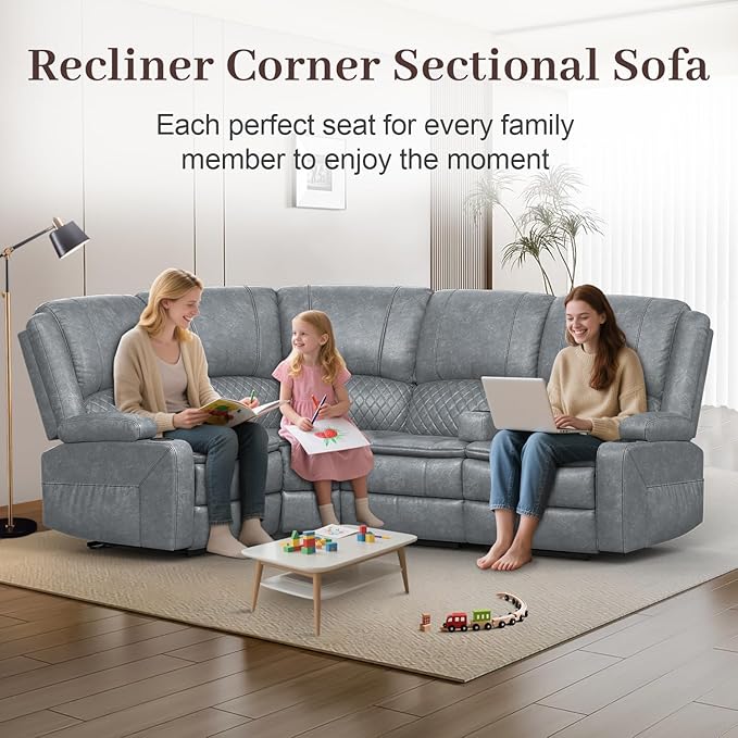 Yolsali Manual Reclining Sectional Sofa Set, 4 Seats Soft Leather Recliner - Image 3