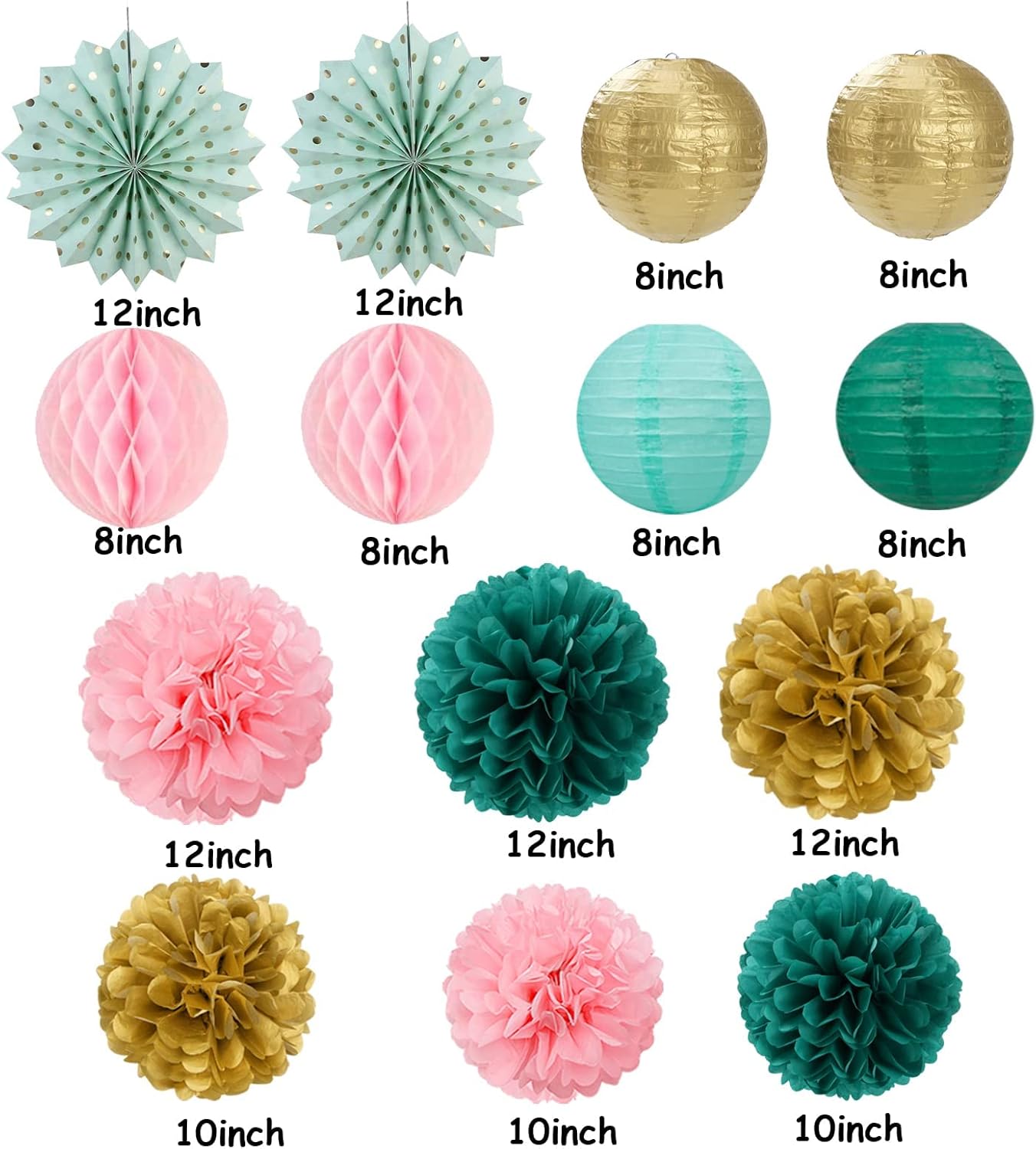 Sage-Green Pink-Gold Baby-Shower Party Decorations - 14pcs Teal Wedding Paper Lanterns Fan,Tissue Pom Poms Streamers,Honeycomb Balls,Birthday Bachelorette Engagement Bridal Decor Lasting Surprise