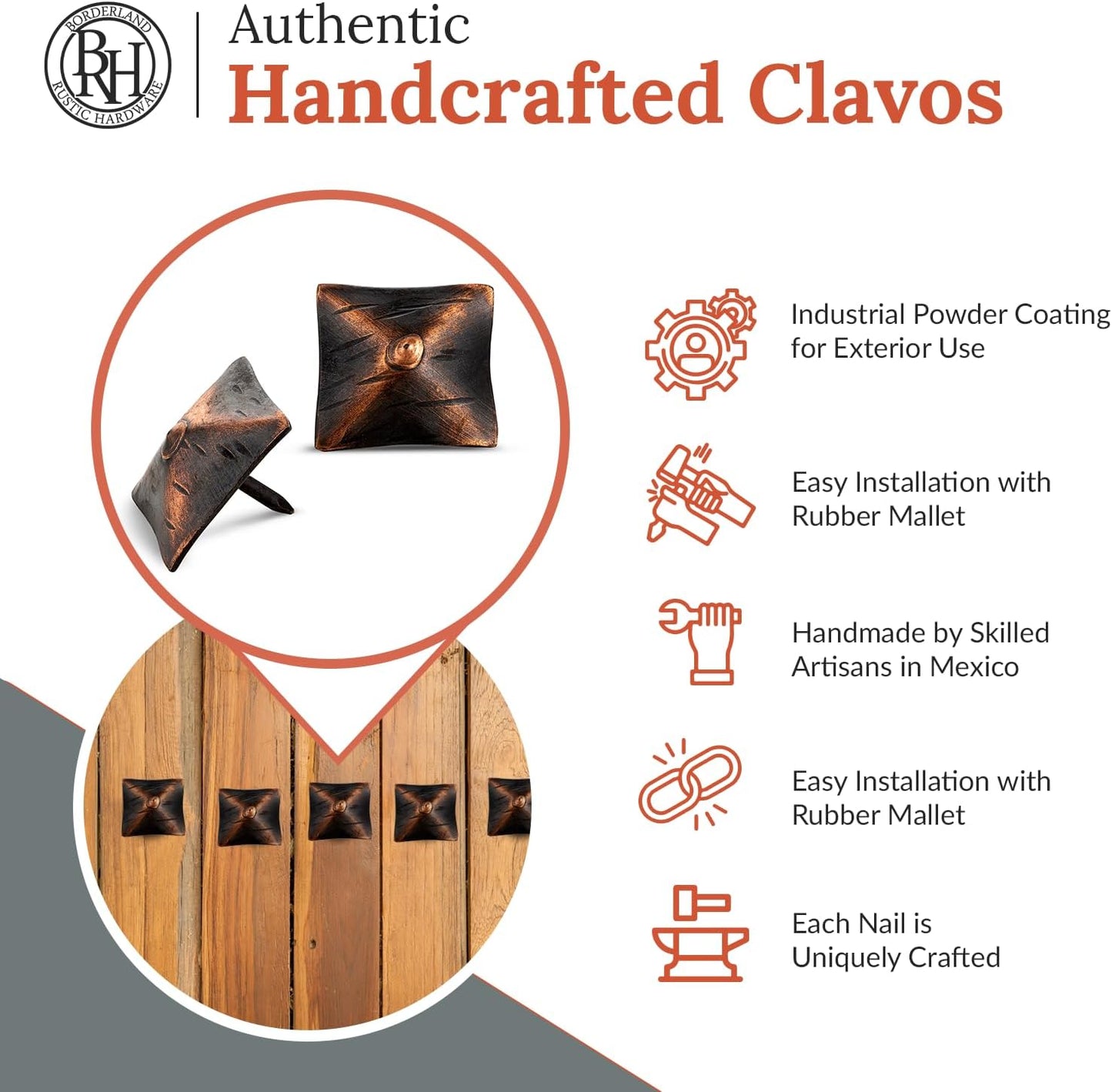 100 Pack 1.25" Square Head Iron Clavos Decorative Nails – Oil Rubbed Bronze – Handmade Rustic Square Fasteners for Farmhouse Shutters, Faux Wood, Barn Doors, and Gates – Ornamental Wood Accent