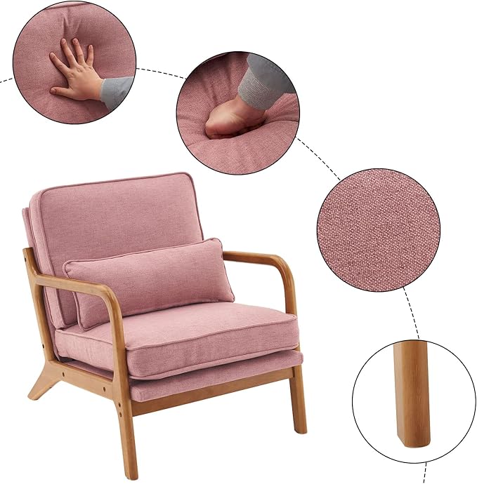 Bonnlo Linen Pink Mid Century Modern Accent Chair, Soild Wood Padding Lounge - Image 4