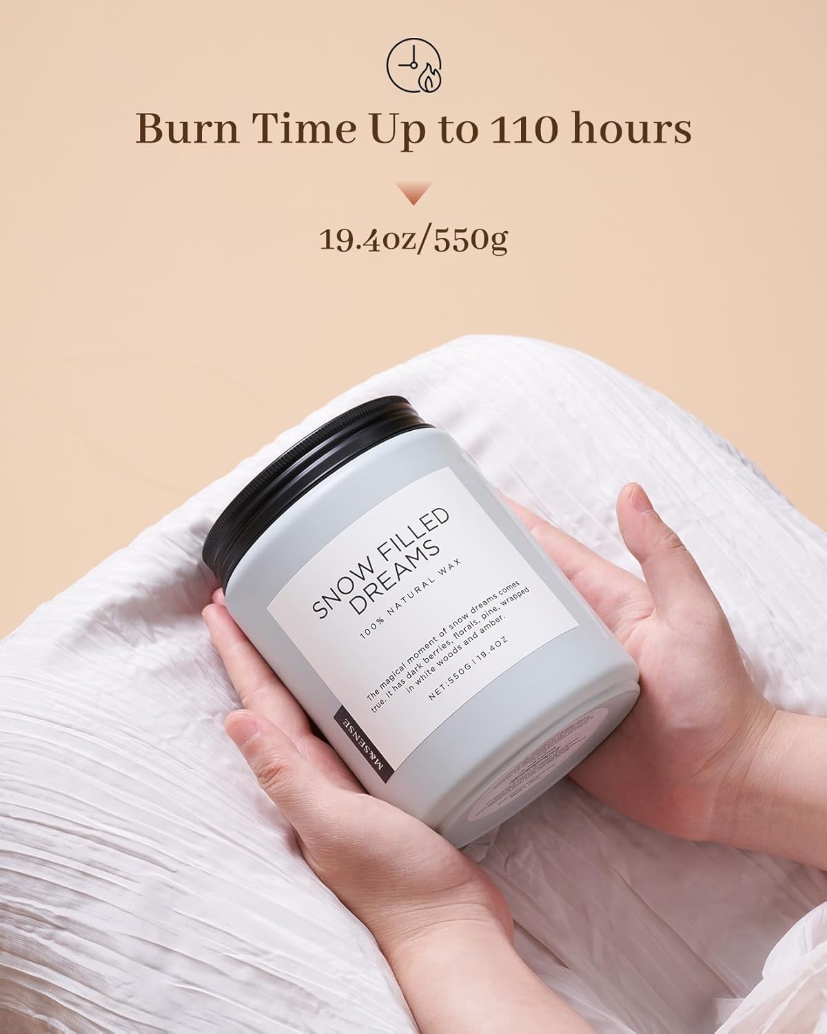 M&SENSE Snow Filled Dreams - Jasmine & Pine Large Scented Candles, 19.4oz 110 Hour Clean Non Toxic Long Lasting Candle Organic Natural Soy Wax Candle Gifts for Women Men