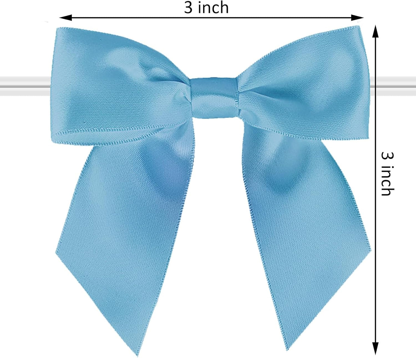 114 Pack Twist Tie Bows for Treat Bags 3" Sky Blue Satin Ribbon Bows for Package Craft, Gift Wrapping Decoration, Candy Bags, Bakery Bags, Wedding, Baptism, Tableware Decor Party Decoration