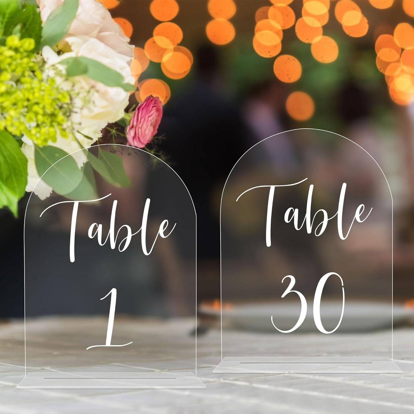 JOYIT Arch Wedding Table Numbers 1-30 with Stands – 5" X 7" Acrylic Table Signs with Clear Background White Text, Perfect Acrylic Table Numbers for Wedding Receptions, Parties, Anniversaries, and Events