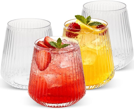 Goodluck 36 Pack 12oz Stemless Plastic Wine Glasses – Clear Ribbed Cups, Elegant Reusable Disposable Drinkware for Weddings, Parties, Bars, Indoor and Outdoor Events