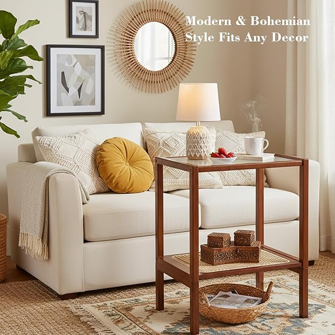 Tiita Rattan Side Table, Mid Century Nightstand, 2-Tier Bamboo Accent Bedside - Image 3