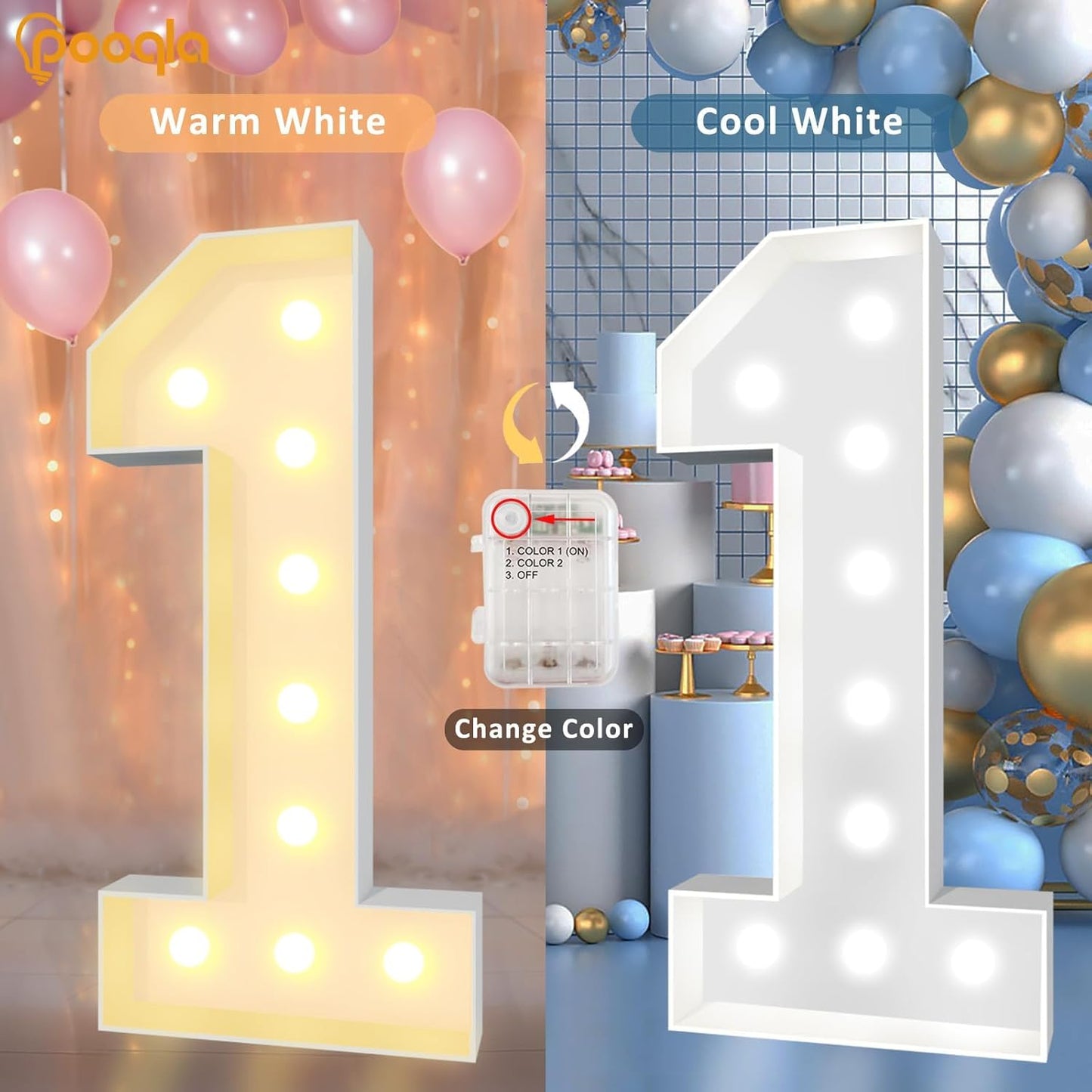 Pooqla 4 FT Light Up Marquee Numbers, Giant Mosaic Light Up Numbers Cool White and Warm White LED, Large Lighted Marquee Numbers for Balloons 4th 14th 40th Birthday Party Decoration, LED Number 4