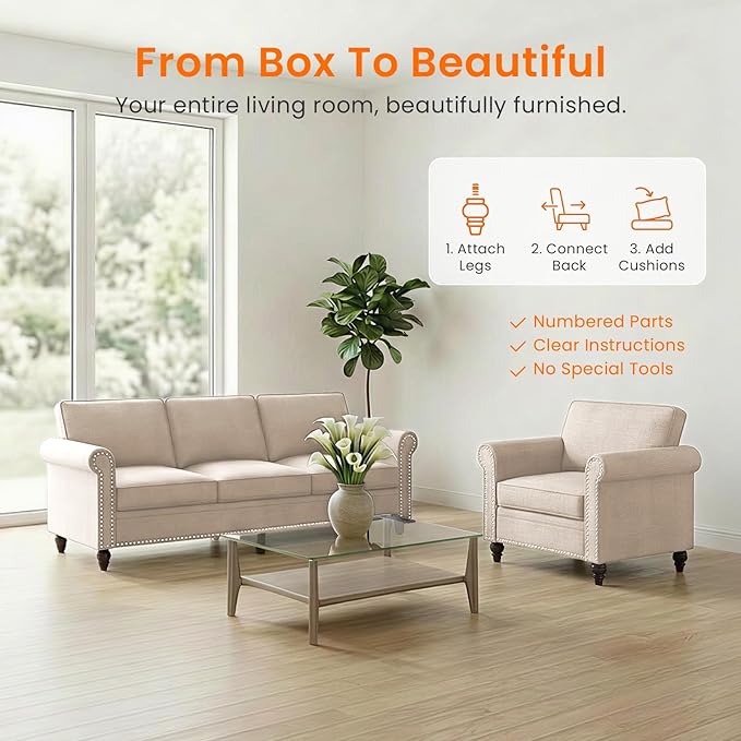 2 Piece Living Room Sofa Sets, Modern 3 Seater Sofa and Armchair Sets, Linen - Image 6