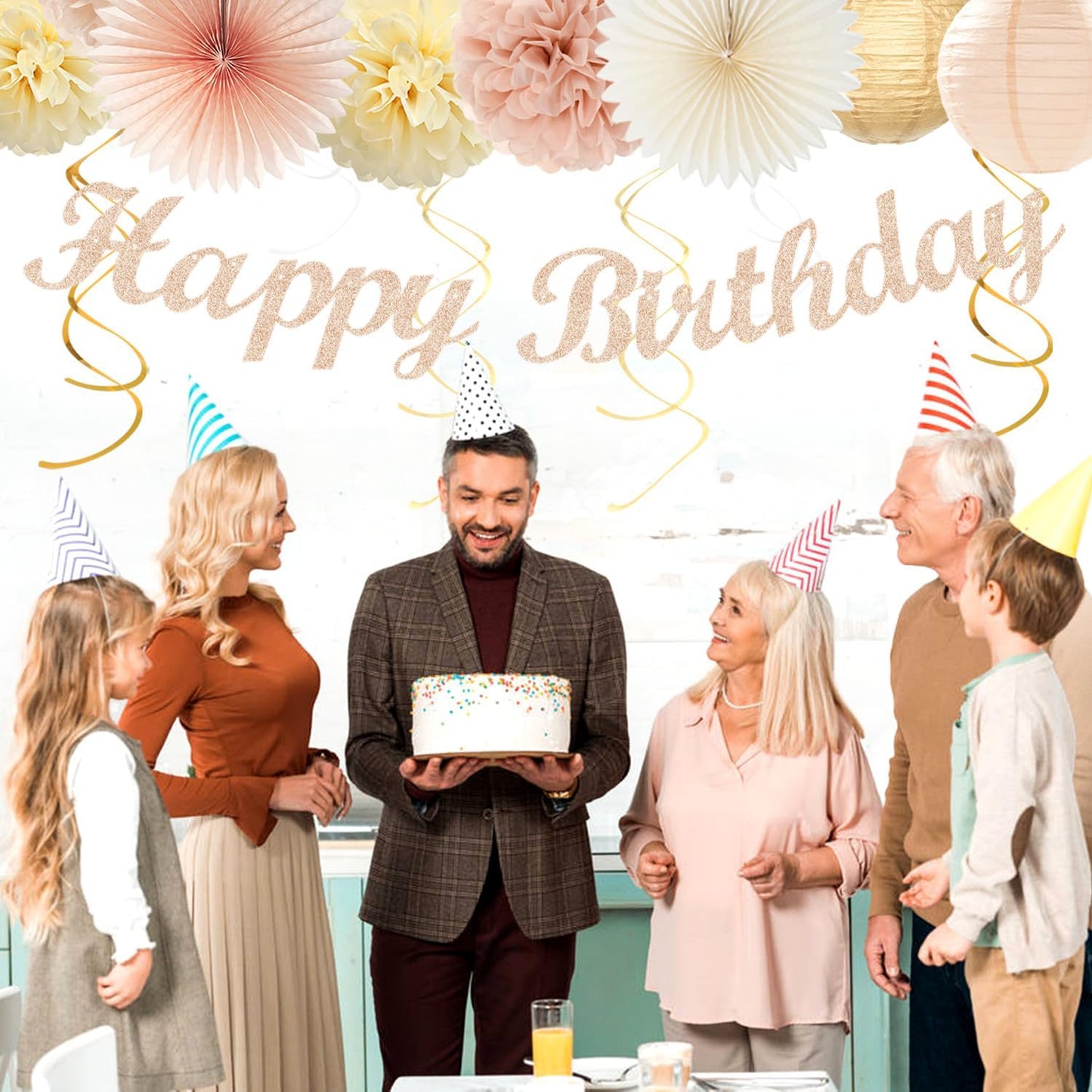 Champagne-Gold Beige 21st Happy-Birthday Party-Decorations - 31pcs Sweet 16 18th Women Girls Paper Lanterns Streamers Banner,Tissue Pom Poms Fans Tassels Graland Decor,Fall Boho Rose Backdrop Hugmoon