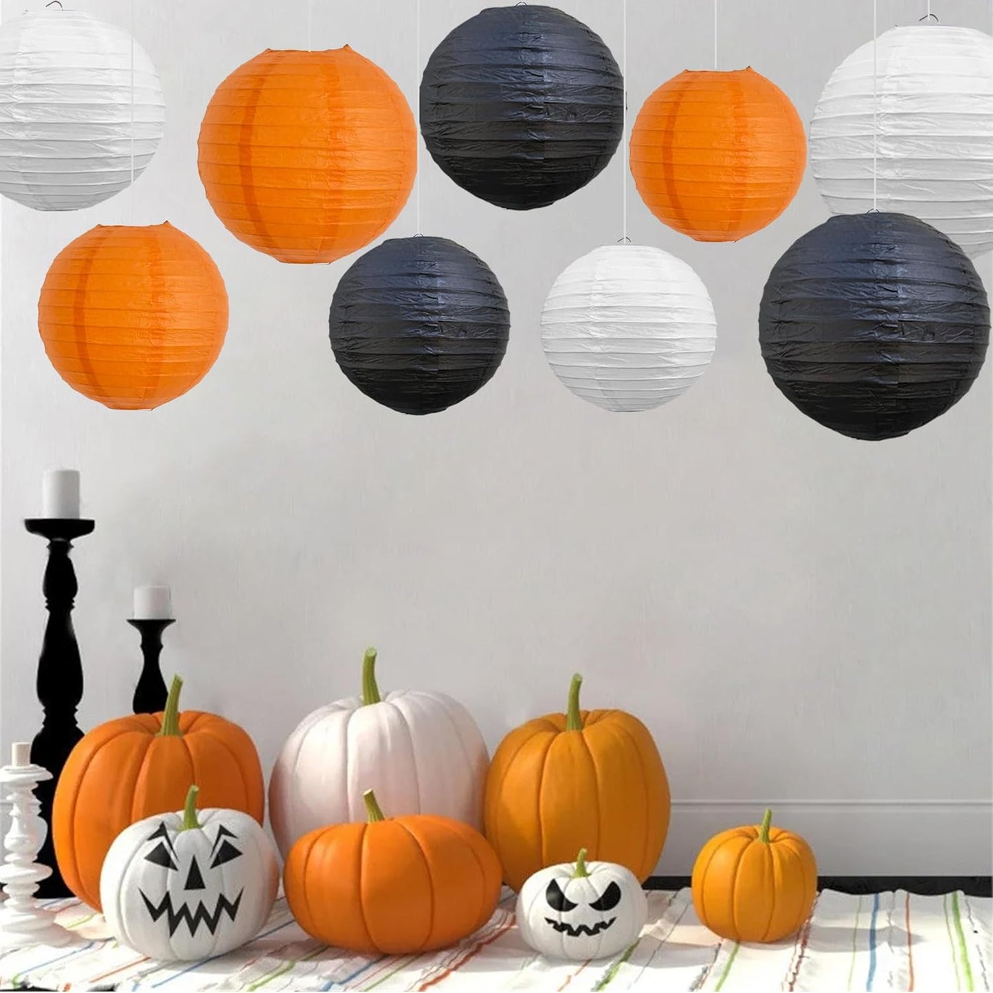 BEISHIDA 12Pcs Orange Black White Paper Lanterns Decorative Chinese/Japanese Hanging Round Paper Lanterns Lamp for Halloween，Birthday, Wedding, Christmas, Bridal,Home Decor, Party Decoration