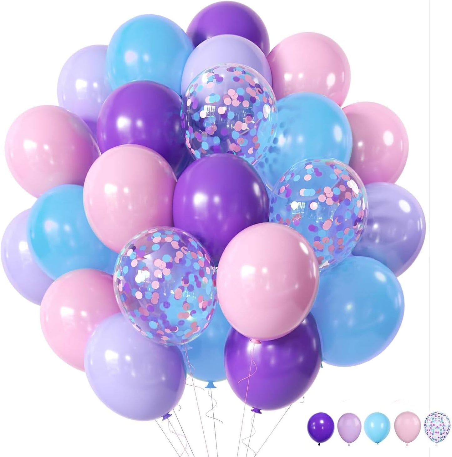 ZOOYOO 50pcs Balloons 12 Inch Pastel Purple Pink Blue Confetti Balloons for Girls Birthday Parties, Baby Shower, Ocean, Under The Sea Decorations