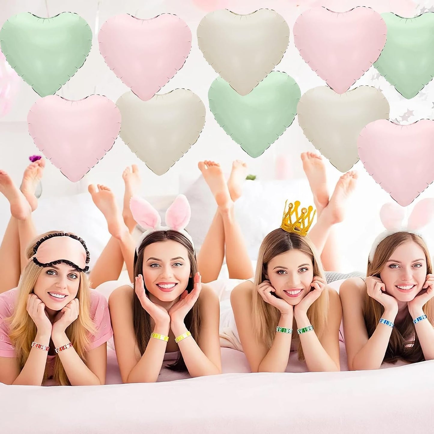 Pink Green White Heart Balloons,12Pcs 18Inch Cream White Baby Pink Sage Green Heart Shaped Foil Helium Balloons for Baby Shower Birthday Anniversary Wedding Engagement Party Decorations