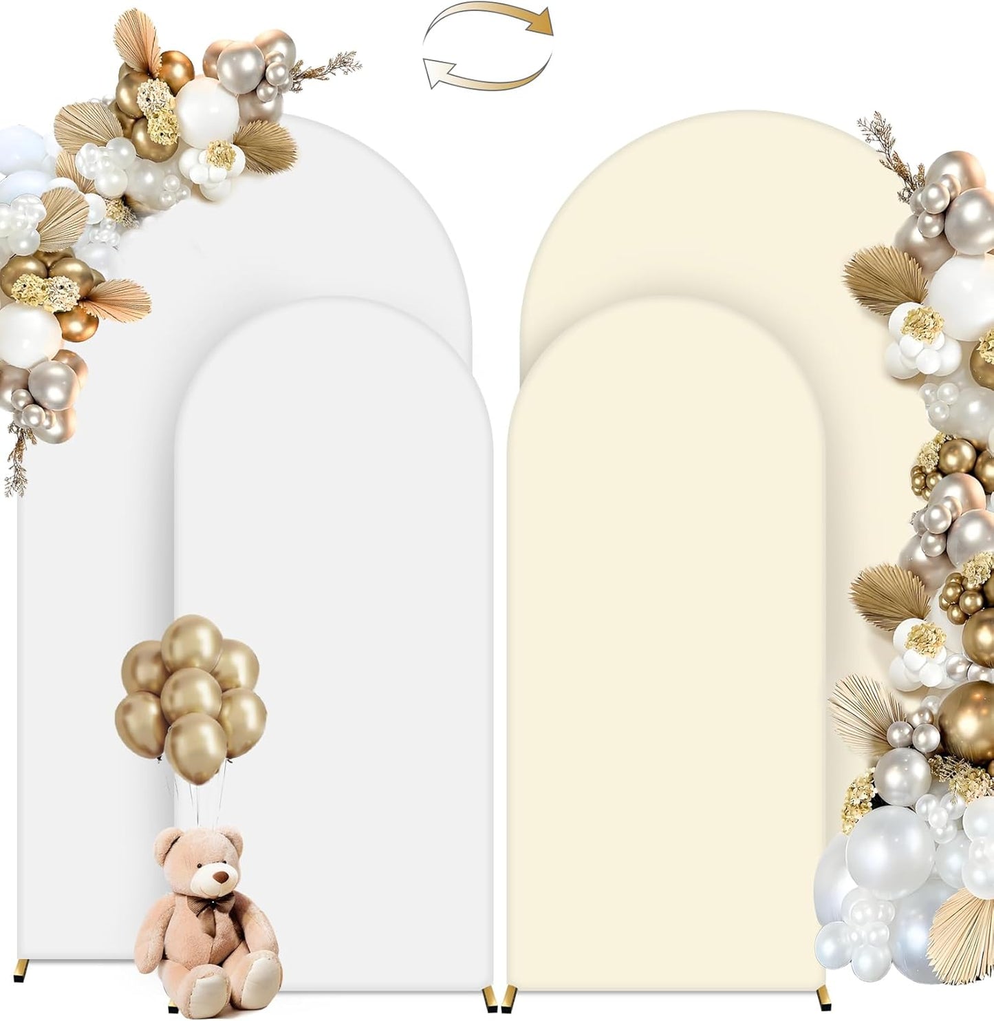 HEMMOTOP White and Light Beige Arch Backdrop Cover 7.2 ft, 6ft, Wedding Arch Covers Stretchy Backdrop 2 Set, Double Color Spandex Arched Background for Birthday Party, Baby Shower