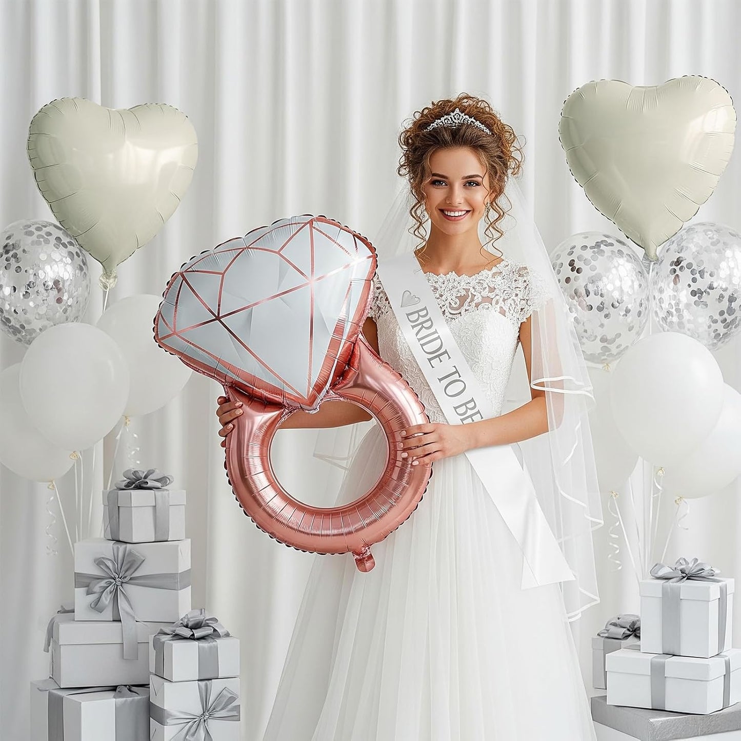 Cream White bridal shower Decorations with BRIDE TO BE letter Balloons & bridal Sash Diamond Ring Heart shape and Champagne Balloons Bridal Veil for Bachelorette Party Decor Bride To Be supplies