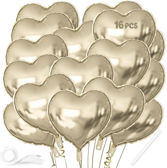 16 Pcs Heart Balloons, 18 Inch Champagne Gold Love Heart Shaped Foil Balloons for Wedding Anniversary Birthday Party Valentine Decorations Baby Shower Bridal Shower Engagement Decorations Supplies