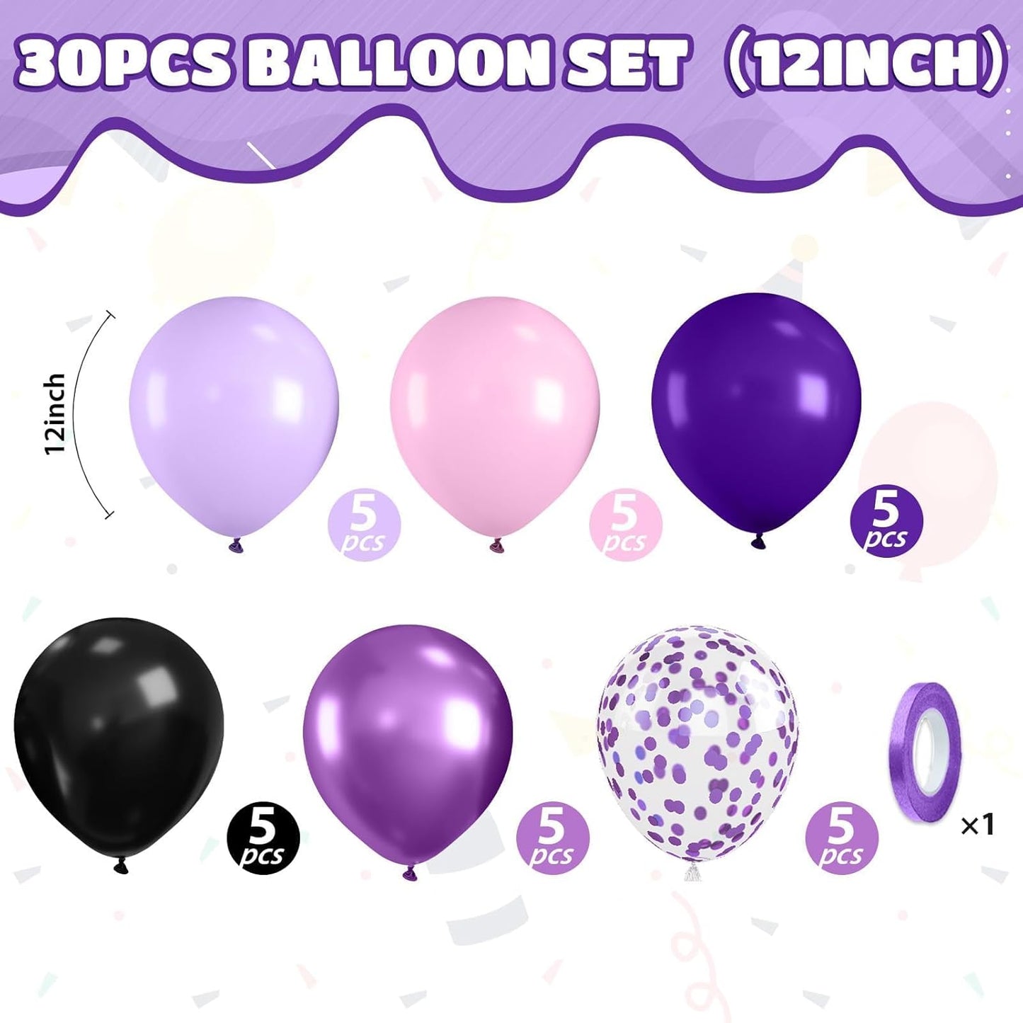 Purple Pink Black Balloons, 12 Inch Pink Black Macaron Dark Metallic Purple Confetti Balloons for Girls Wedding Bridal Shower Baby Shower Birthday Halloween Party Decorations