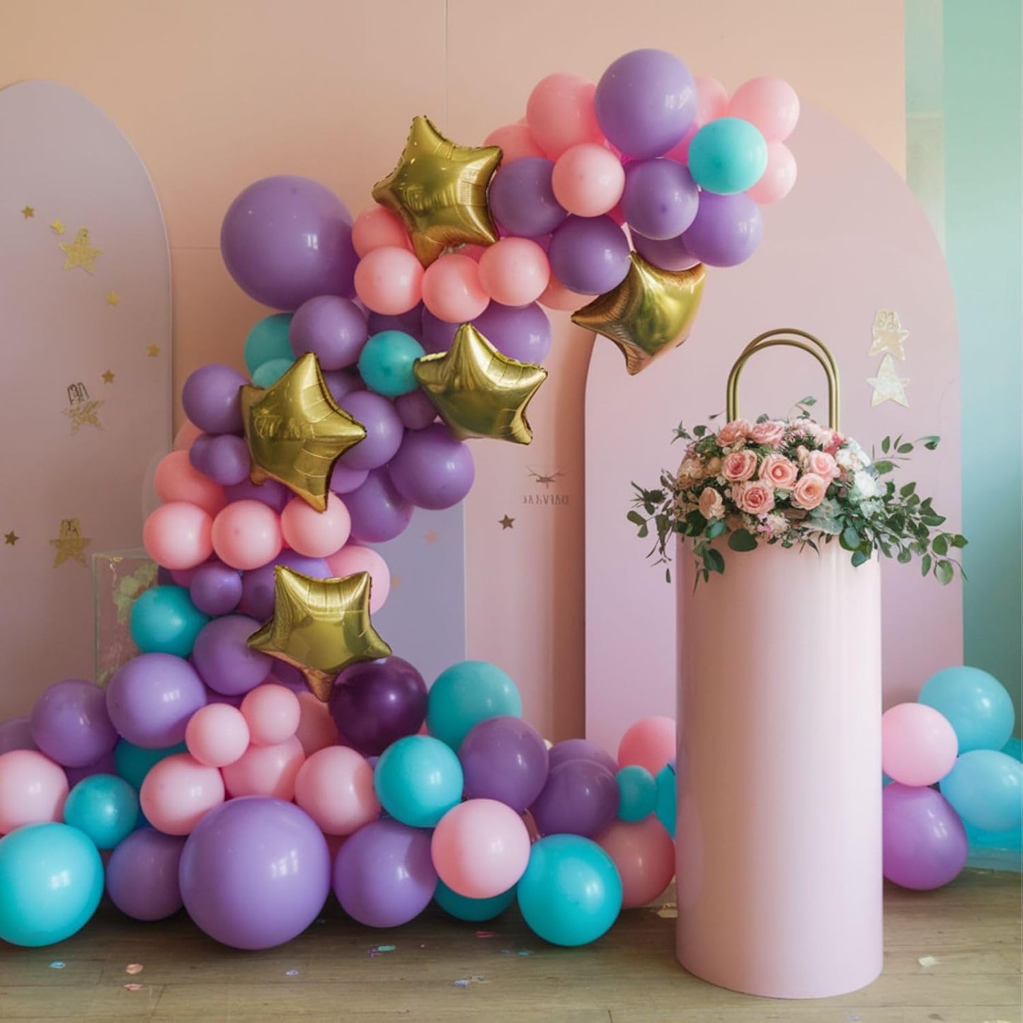 Teal Pink Purple Balloons, 12 Inch Princess Balloons, Pastel Pink Teal Purple Metallic Gold Confetti Balloon Latex Balloon for Girl Baby Shower Gender Reveal Princess Birthday Party Decoration