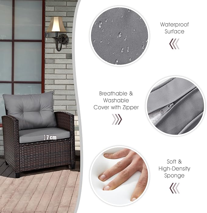 COSTWAY 3PCS Patio Furniture Set, PE Rattan Wicker Sofa w/Washable Cushion and - Image 6
