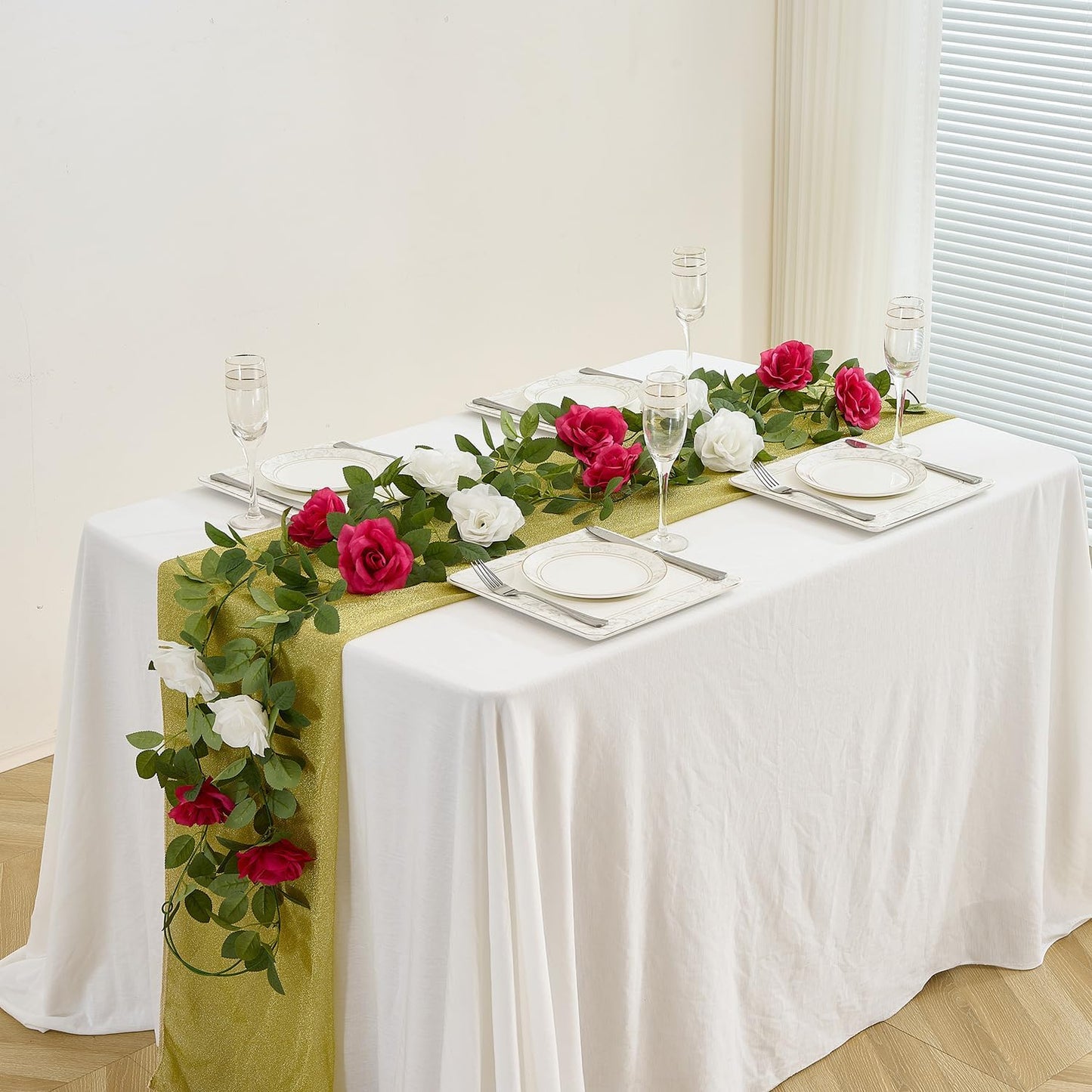 Artificial Rose Garlands Rose Vines Leaves Banners Hanging Floral Garland Fake Rose Flower Vine Wall Decorations, Hot Pink