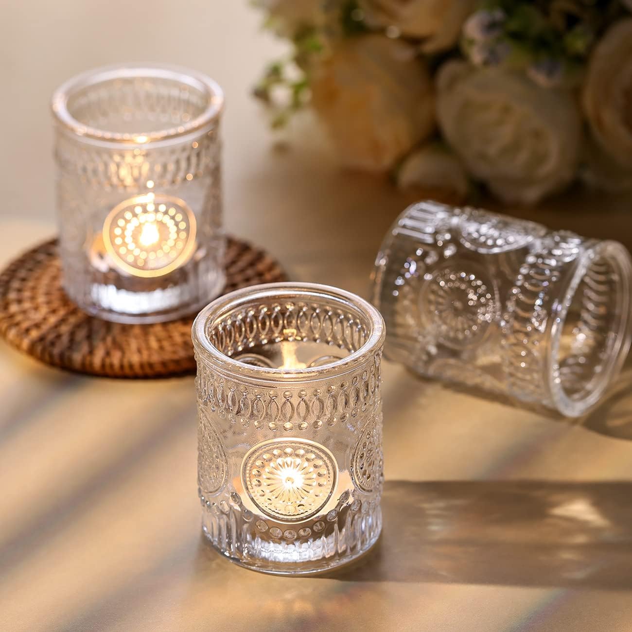 DARJEN Clear Votive Candle Holders Set of 36- Glass Candle Holders Bulk for Tea Light Candle, Embossed Candle Votives for Wedding Centerpiece, Living Room & Home Table Decor