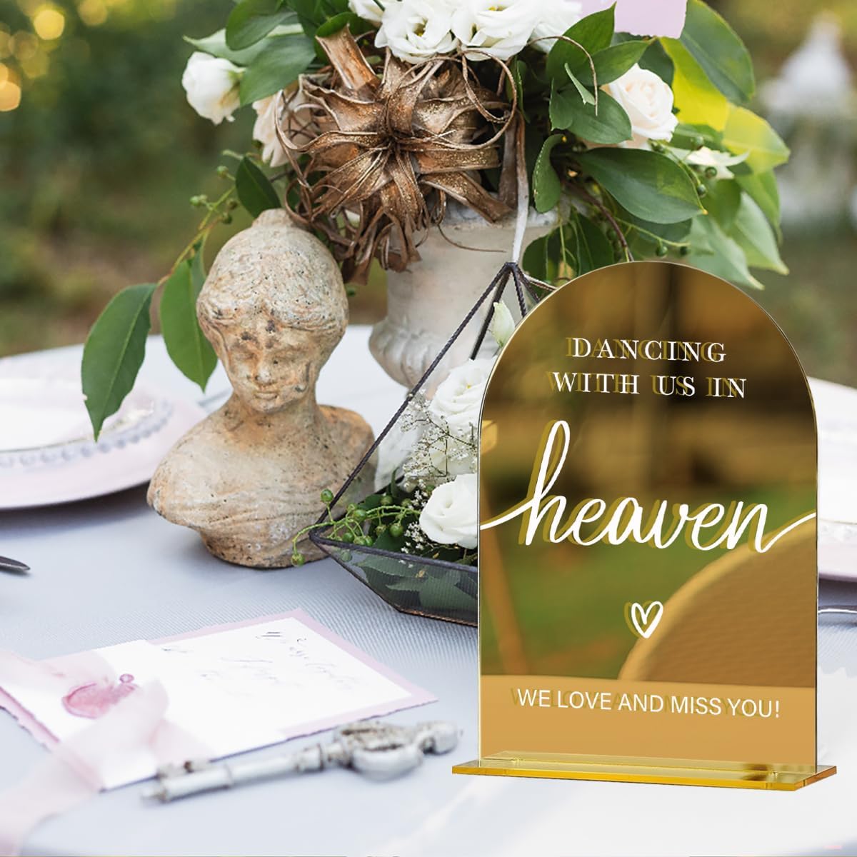 Acrylic Wedding Sign, Bridal Shower Decorations, Dancing With Us in Heaven Sign for Ceremony, Modern Font Table Signs, Gold Mirror Arched Acrylic Tabletop Signs for Wedding Reception and Event Party