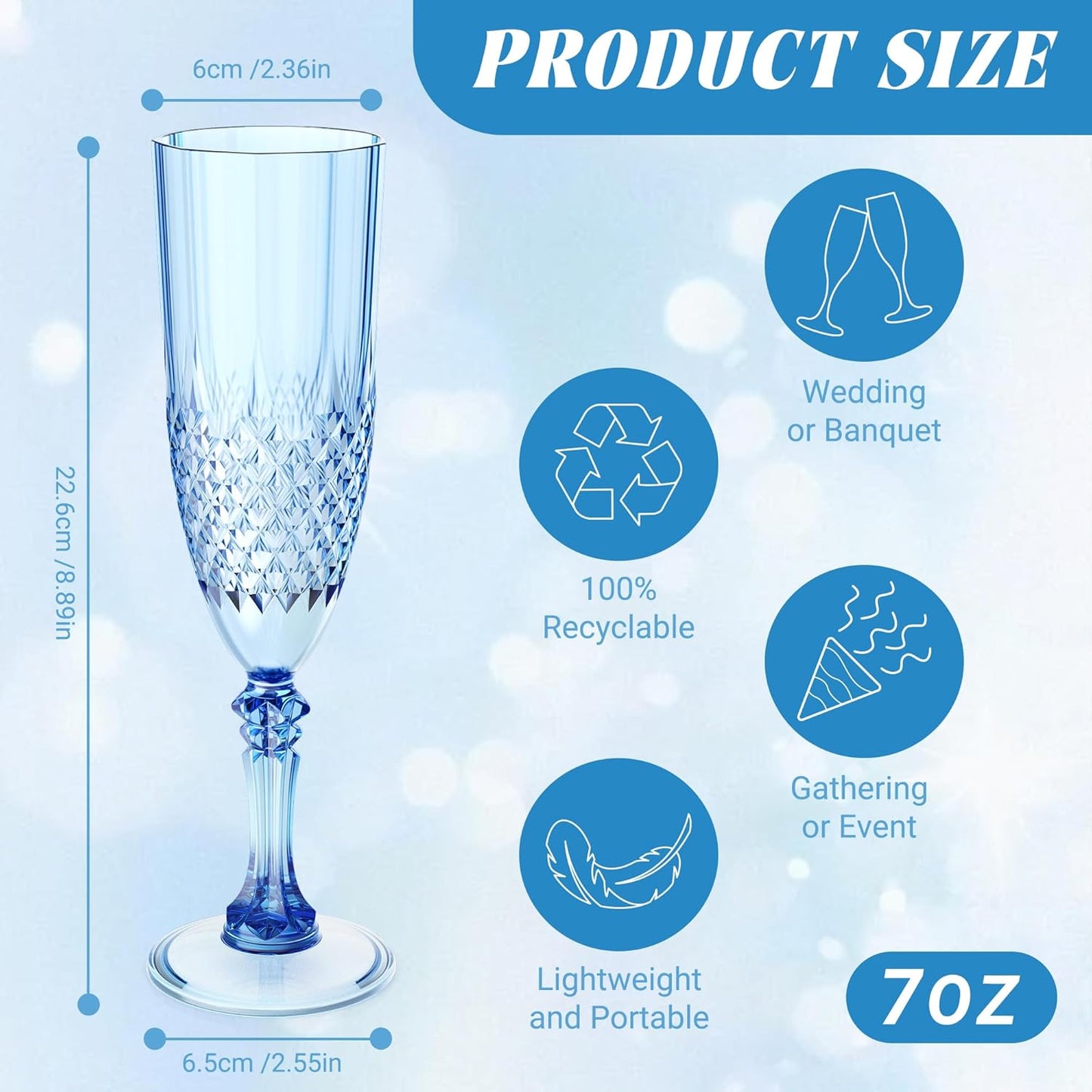 Plastic Champagne Flutes, 48PCS Blue Wine Glasses Goblets Cups Reusable Flute, for Weddings Bachelor Parties Toasting and Events (48, Blue)