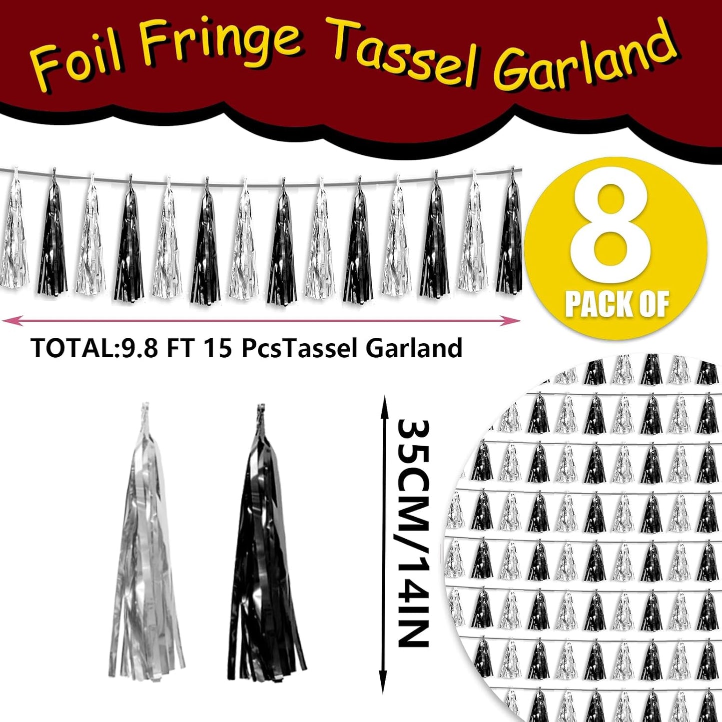 8P Black Silver Foil Fringe Metallic Tassel Streamers Banner Tassel Garland for Parade Floats, Graduation, Wedding, Birthday, Halloween, Christmas, Bridal/Baby Shower Party Decorations