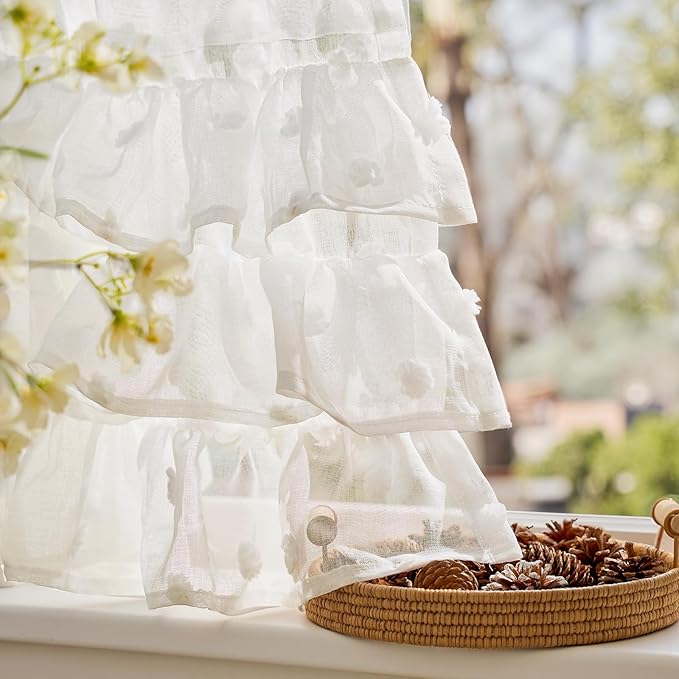 jinchan Ruffled Kitchen Valance Pom-Pom Voile Valance Curtains Sheer Shabby - Image 8