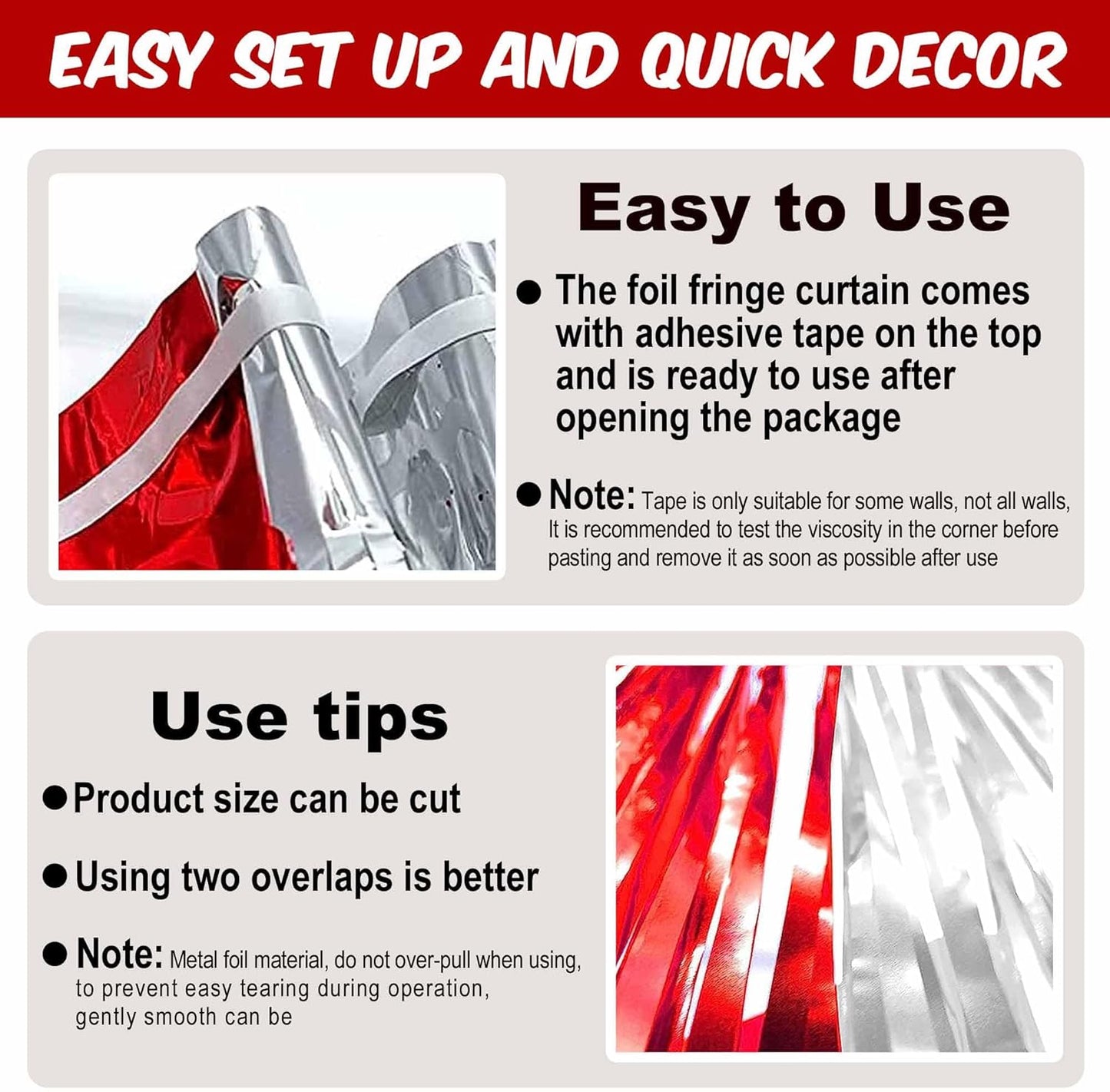 3 Pack Red Silver Foil Fringe Curtains Backdrop, 3.28 x 9.8 Ft Metallic Streamers Tinsel Curtains Background for Photo Booth, Carnivals, Birthdays, Weddings, New Year Party Decorations