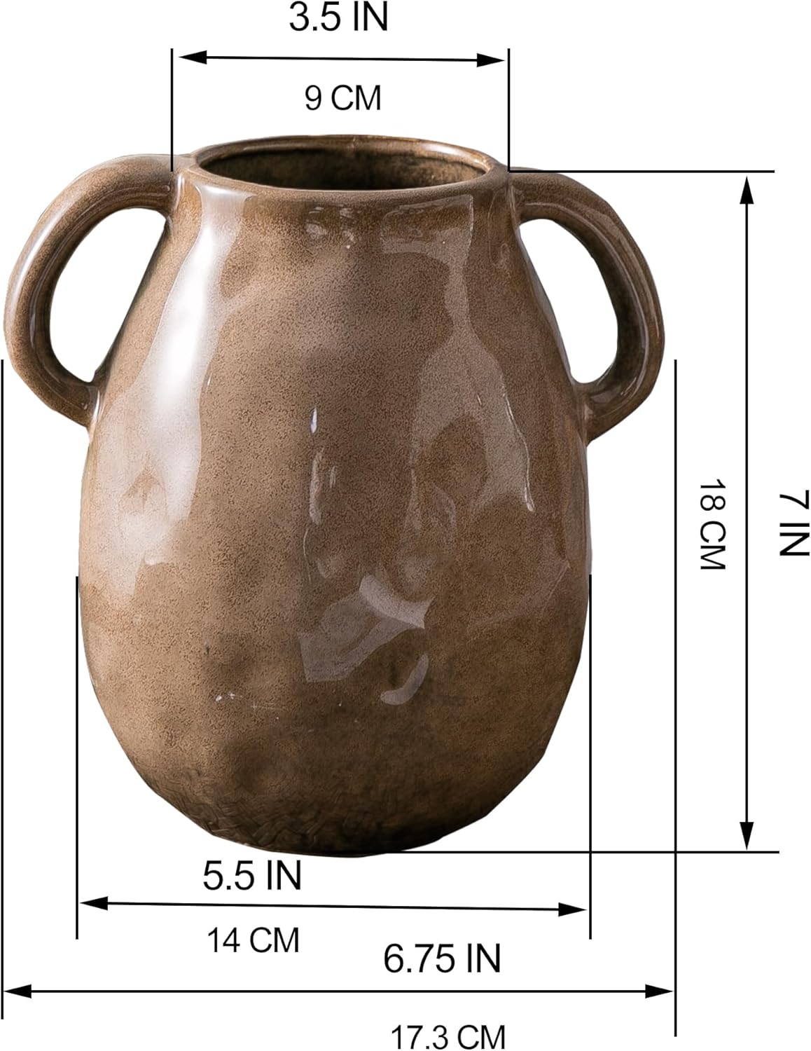 Brown Ceramic Vase with 2 Handles for Modern Farmhouse Home Decor, Vintage Rustic Decorative Vases, Small Vase for Fresh and Dried Flowers, Centerpiece Table Decorations, 7 Inch