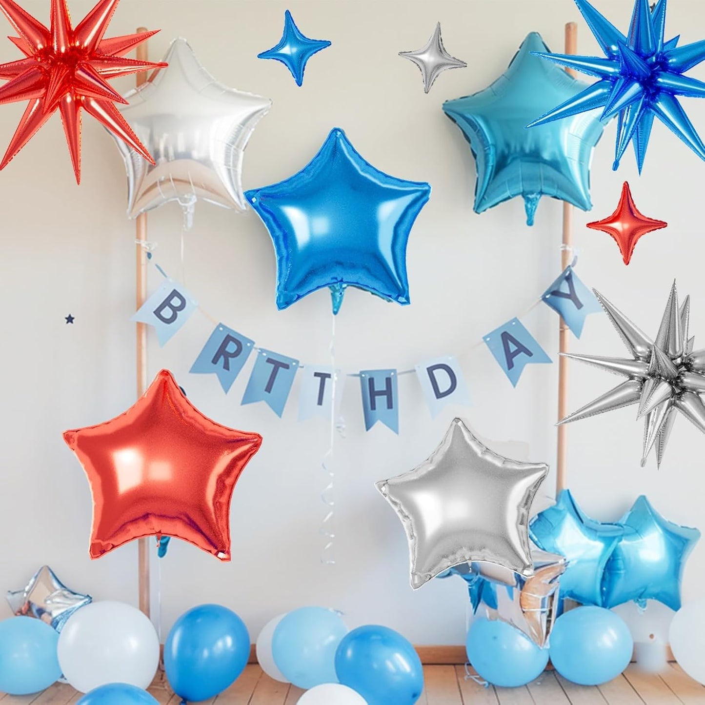 16 Pcs Red Blue Silver Star Balloons,22/18/10 Inch Foil Balloons, Four-Pointed Balloon for Kids Boy Birthday Graduation Wedding Baby Shower Party Decoration