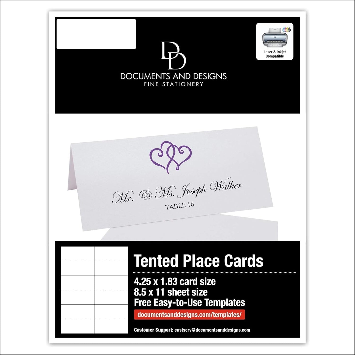 Linked Hearts Printable Place Cards, Purple (Choose Color), Set of 150 (25 Sheets), Laser & Inkjet Printers - Wedding, Party, Dinner, and Special Events - Made in the USA