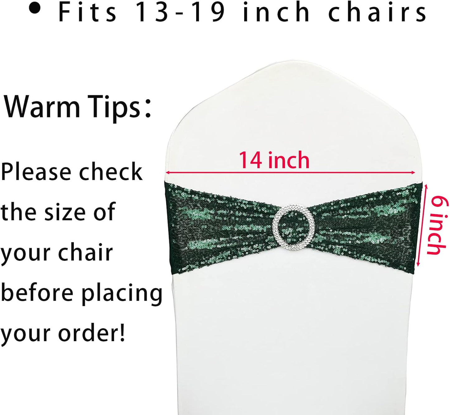 100 Pcs Chair Sashes Sequin Stretch Chair Bands Dark Green Spandex Polyester Bows for Party Hotel Wedding Banquets Decoration - Hunter Emerald Green