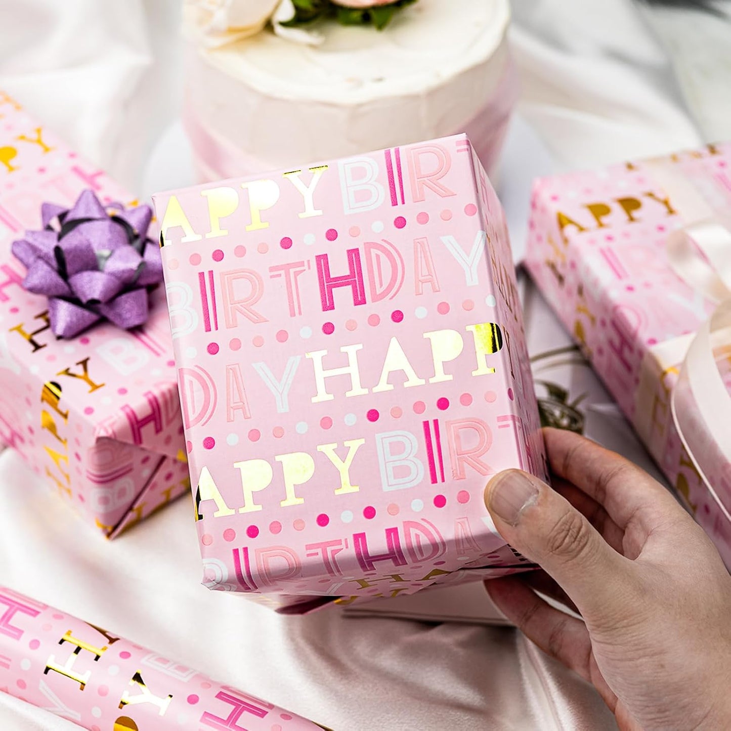 Yarcony Girl Birthday Wrapping Paper, Pink and Gold Wrapping Paper, Gold Foil Girly Happy Birthday Lettering Design Pink Gift Wrap for Girls Women, Baby Shower, Party (Mini Roll, 17 Inch X 16.5 Feet)